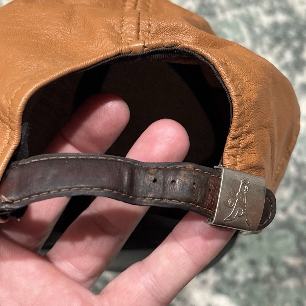 Vintage Leather Hat Metal Adjustable Clasp Golf Bag Logo Brown - Picture 6 of 6